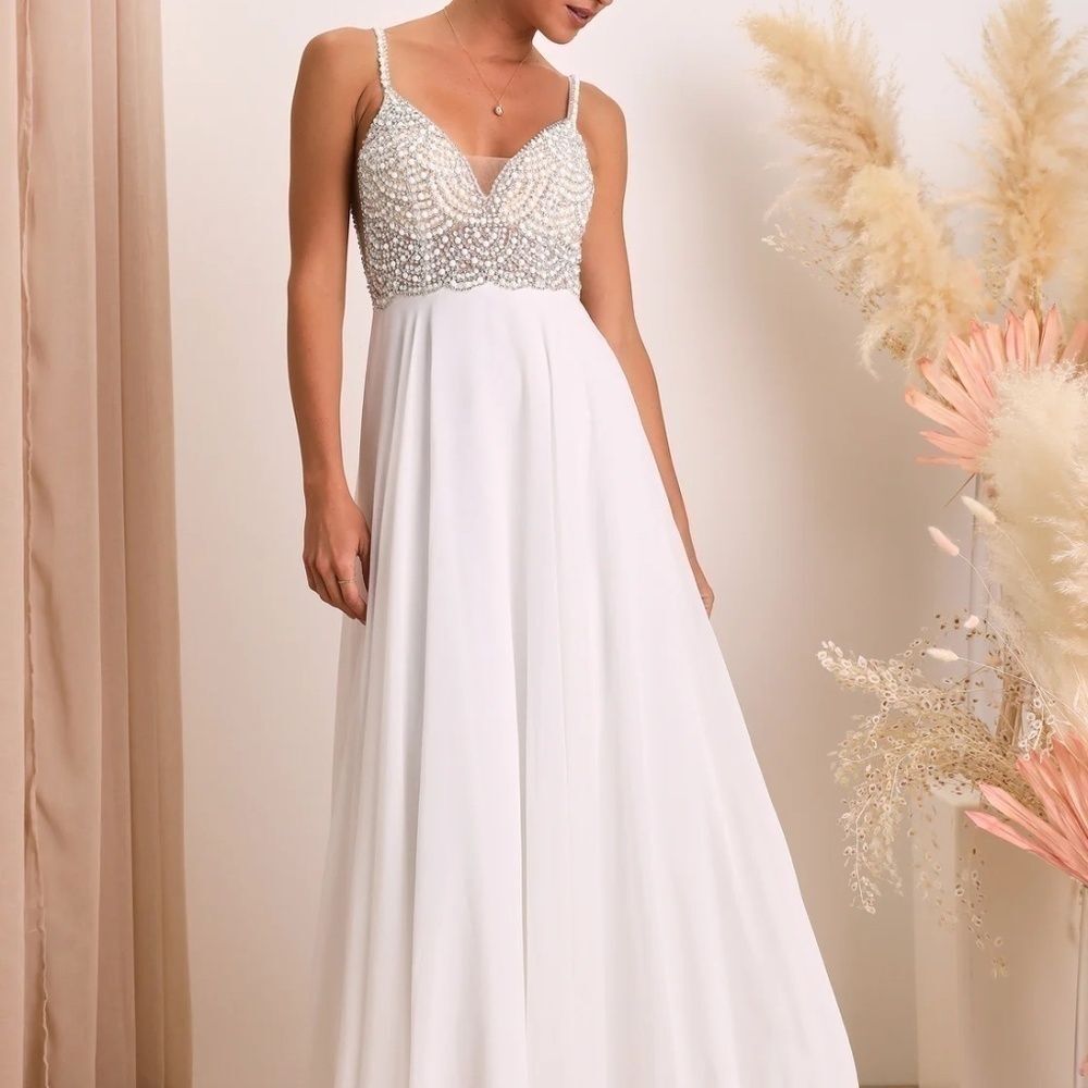 Lulus True Love White Beaded Rhinestone Maxi Dress Size XS